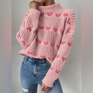 SHEIN Pink and Red Heart Mock Neck Sweater Valentine’s Day